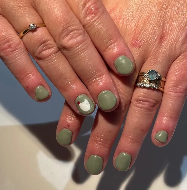 Sage green gel polish manicure with hand-painted chicken nail art &mdash; Buds Nails, Milton Keynes