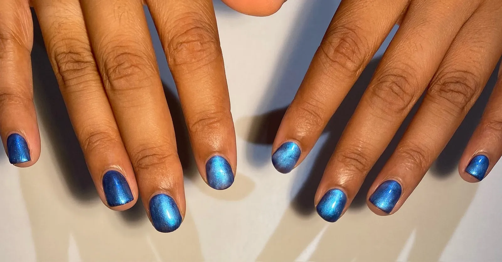 Metallic blue gel polish manicure &mdash; Buds Nails, Newton Longville